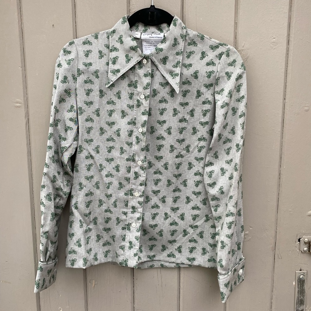Grey Motorcycle Novelty Print Button Down Peter Pan Collar Mary West, France